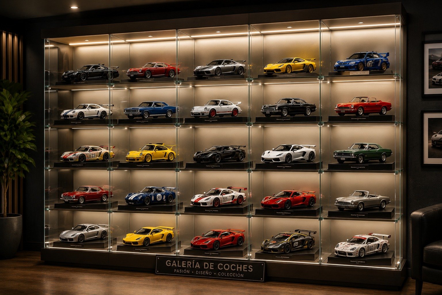 Galería de coches de colección en vitrinas iluminadas
